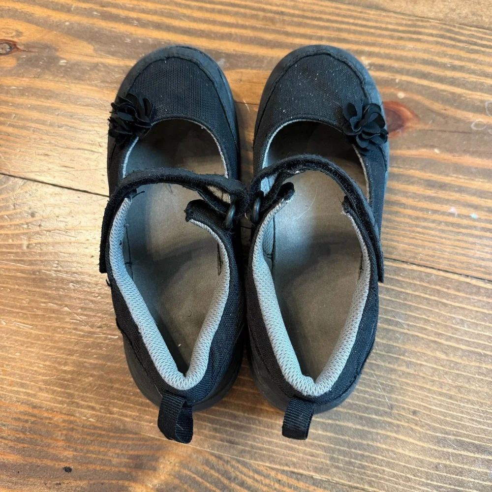 Stride Rite‎ Mary Jane Shoes Gemma Girls Size 13 Black Cloth Flower Hook & Loop